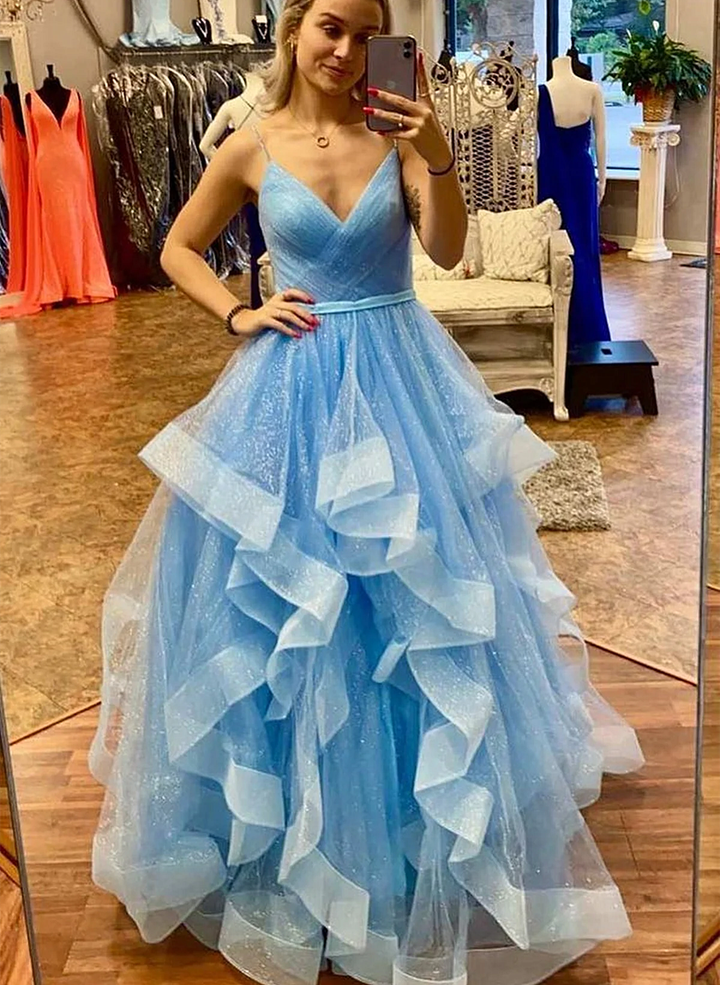 A-line Tulle Layers Straps Long Formal Dress, Blue Tulle Shiny Tulle Prom Dress