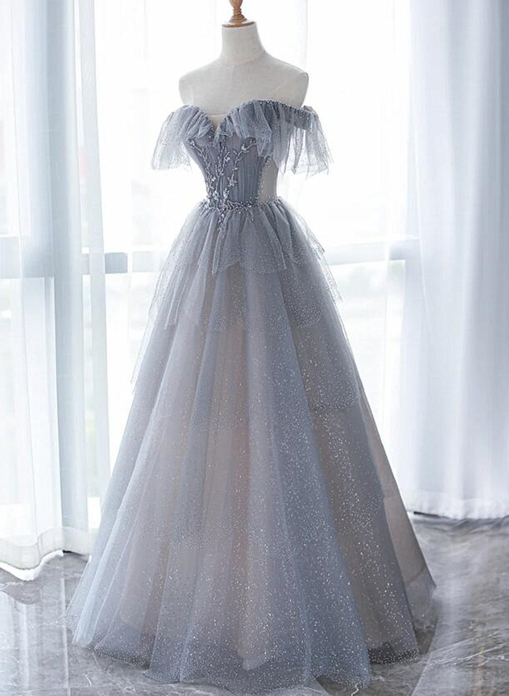 Grey Beaded Layers Tulle Long Formal Dress, Grey Off Shoulder Evening Dress
