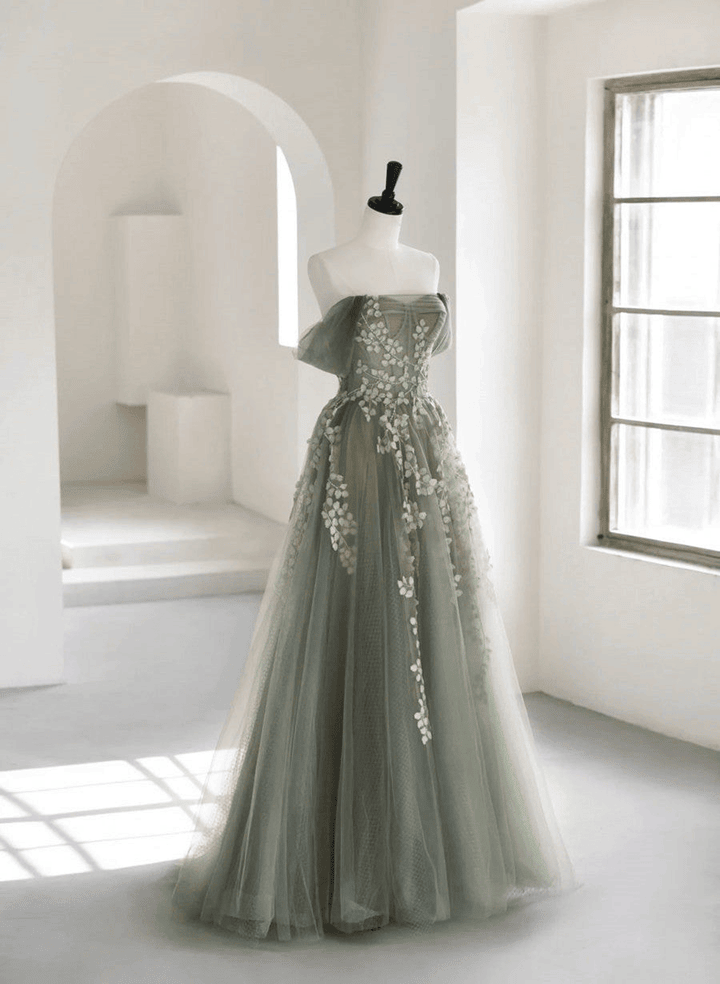 A-line Off Shoulder Tulle with Lace Long Formal Dress, Tulle Prom Dress