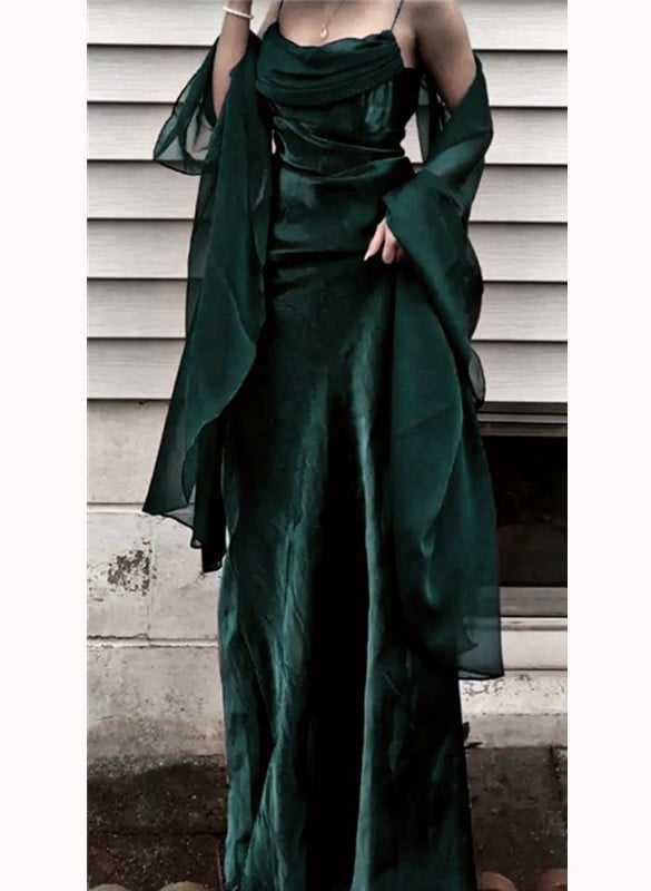 Dark Green Satin Straps Long Formal Dress, Green A-line Floor Length Prom Dress