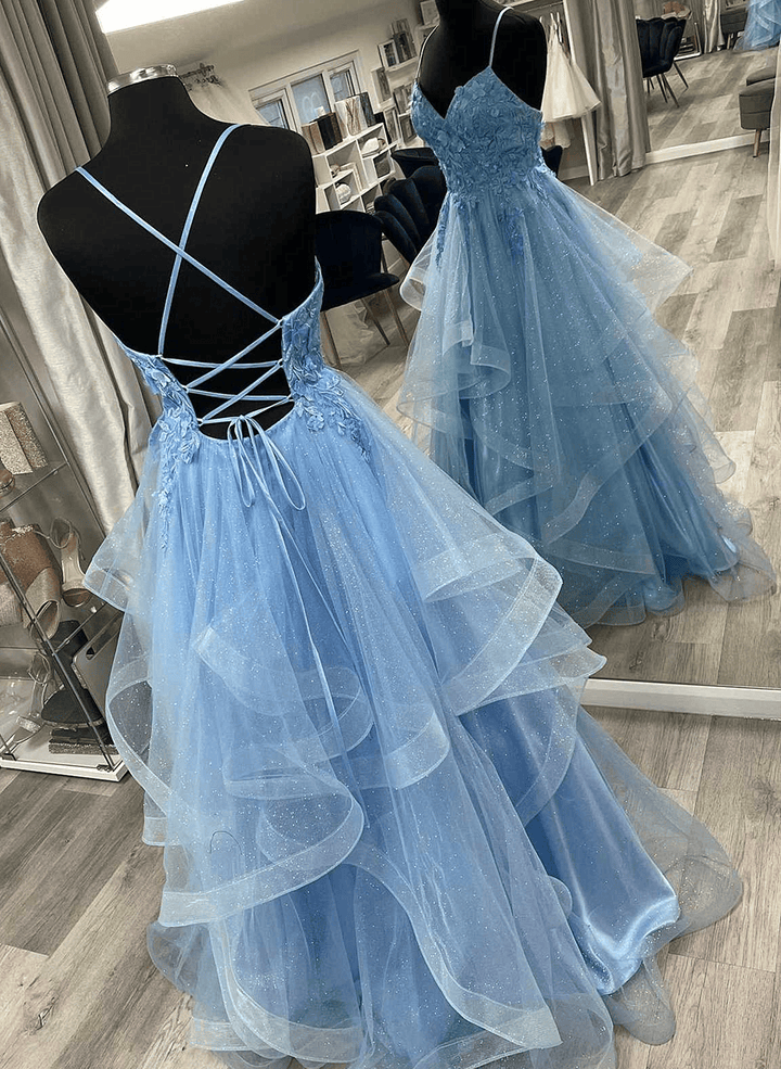 Blue V-neckline Cross Back Tulle Long Party Dress, Blue Prom Dress