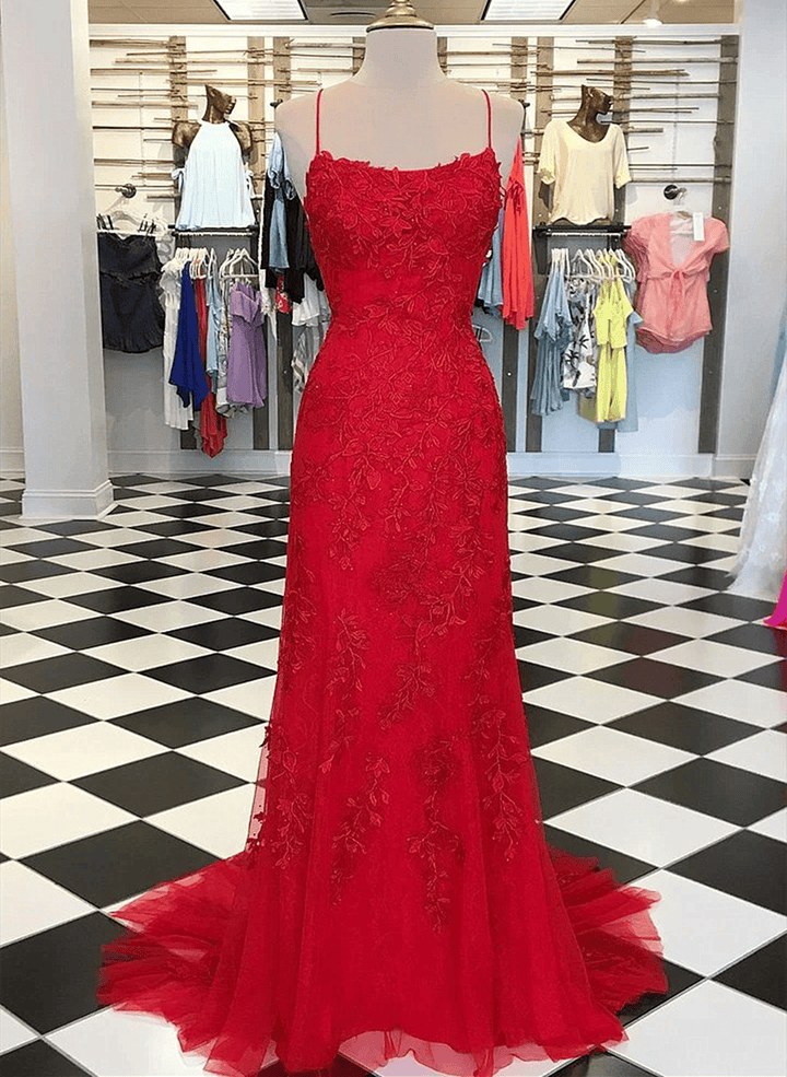 Red Tulle with Lace Straps Long Formal Dress, Cross Back Red Prom Dress