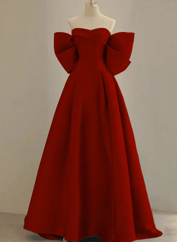 Wine Red Satin Off Shoulder Sweetheart Party Dress, Wine Red Prom Dress