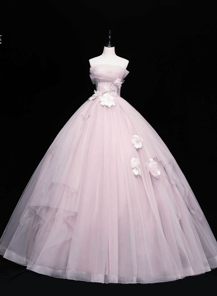 Pink Tulle Ball Gown Long Sweet 16 Dress with Flowers, Pink Formal Dress