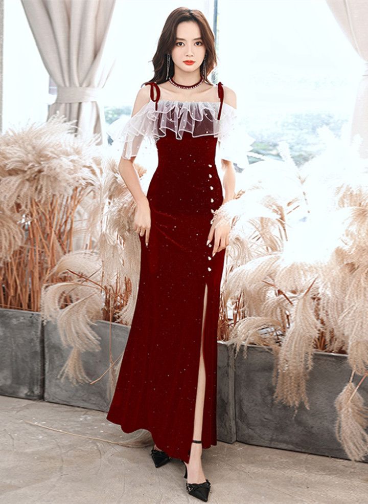 Beautiful Wine Red Off Shoulder Long Party Dress, Wine Red Velvet Prom Dress