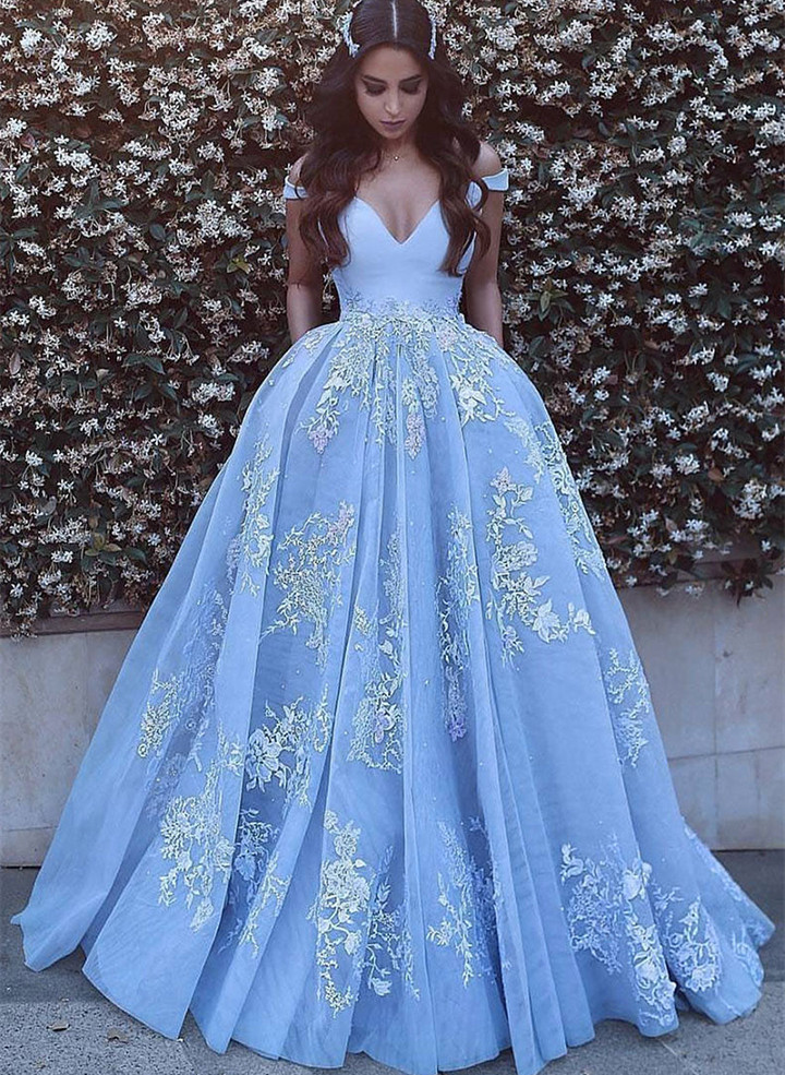 Off Shoulder Blue with Lace Sweetheart Party Dress, Blue Formal Dress