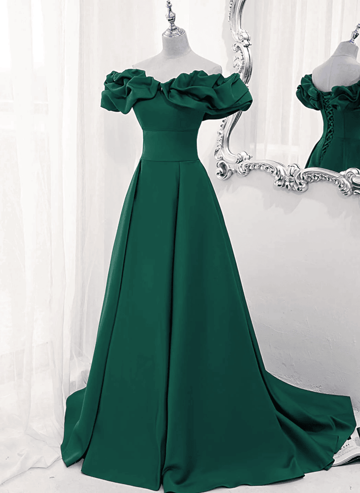 Green Off Shoulder Simple Long Party Dress, Green A-line Prom Dress