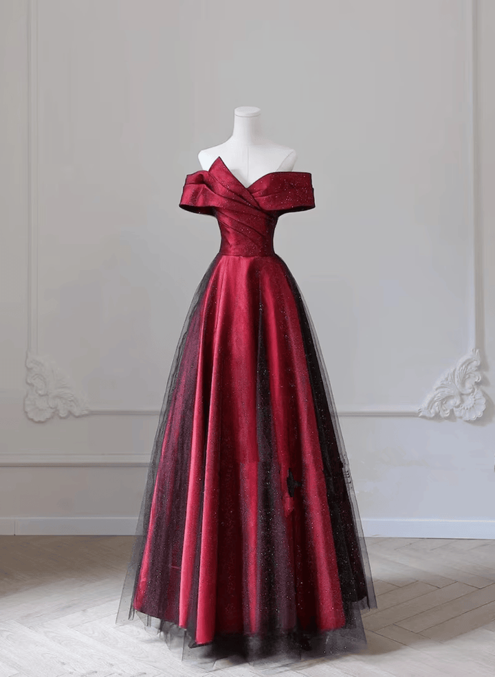 Wine Red Satin Off Shoulder Long Party Dress, Wine Red A-line Prom Dress