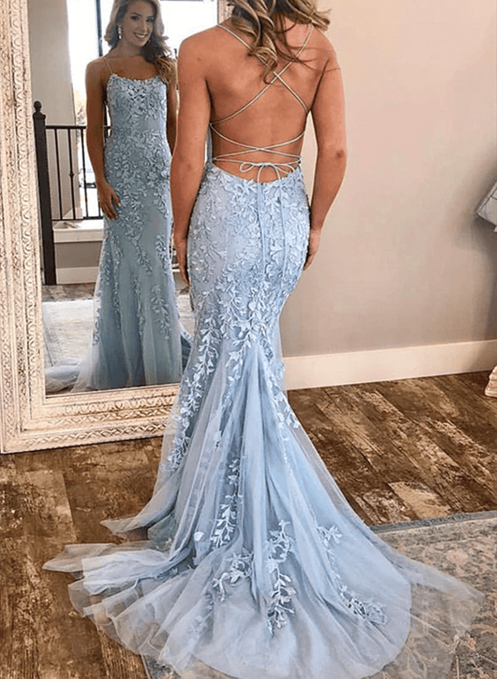 Light Blue Mermaid Spaghetti Straps Long Prom Dress, Blue Evening Dress