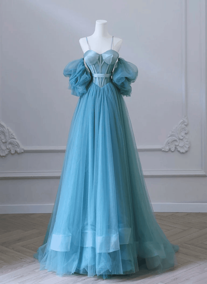 A-line Blue Tulle Neck Tulle Blue Long Prom Dress, Blue Long Evening Dress