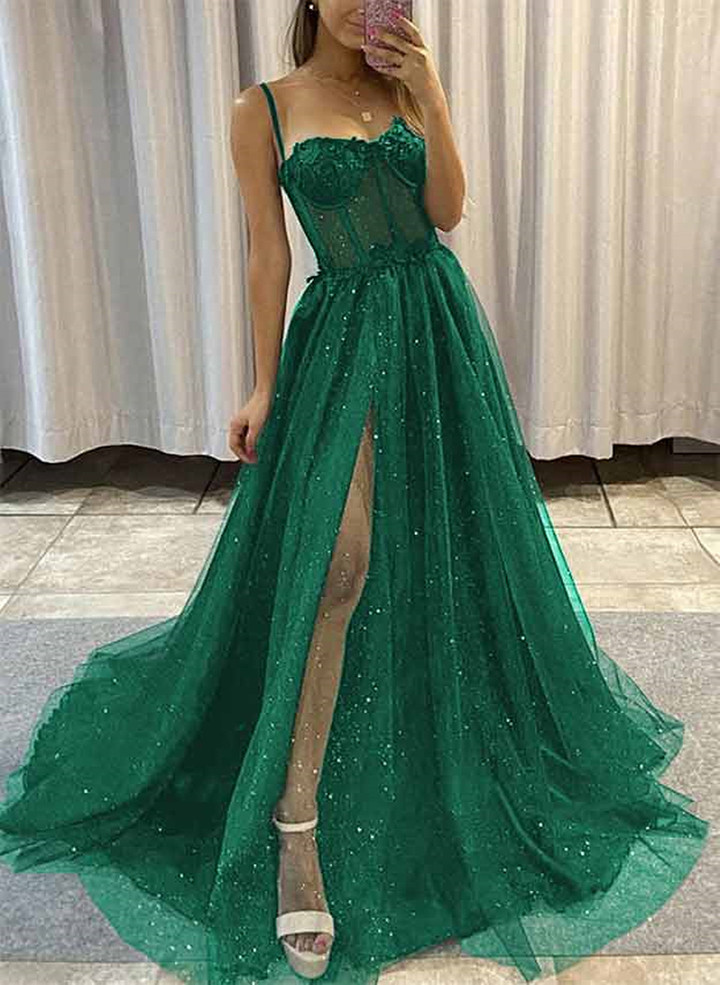 Lovely Green Tulle A-line Party Dress, Green Straps Long Prom Dress