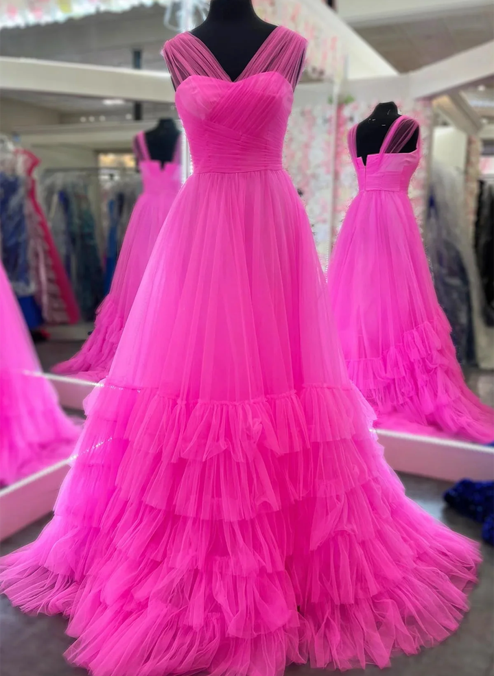 Hot Pink Tulle Long A-line Prom Dress, Pink Long Formal Party Dress