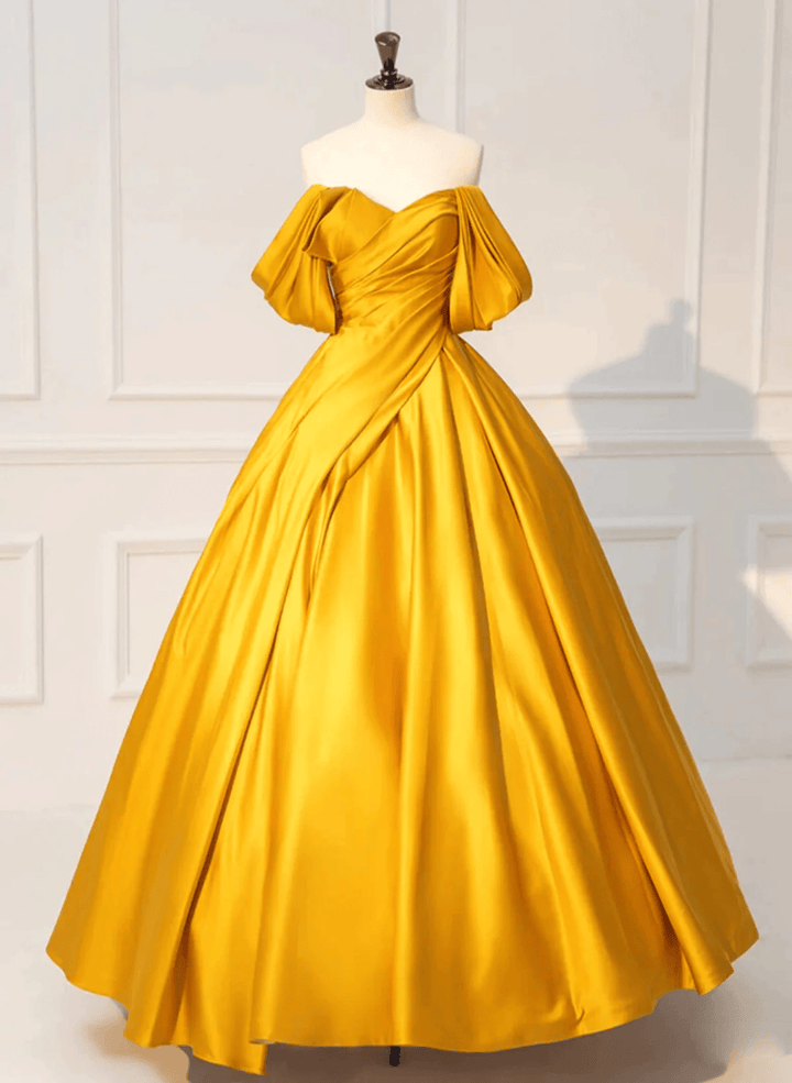Off the Shoulder Yellow Satin Long Prom Dress, Off Shoulder Yellow Sweet 16 Dress