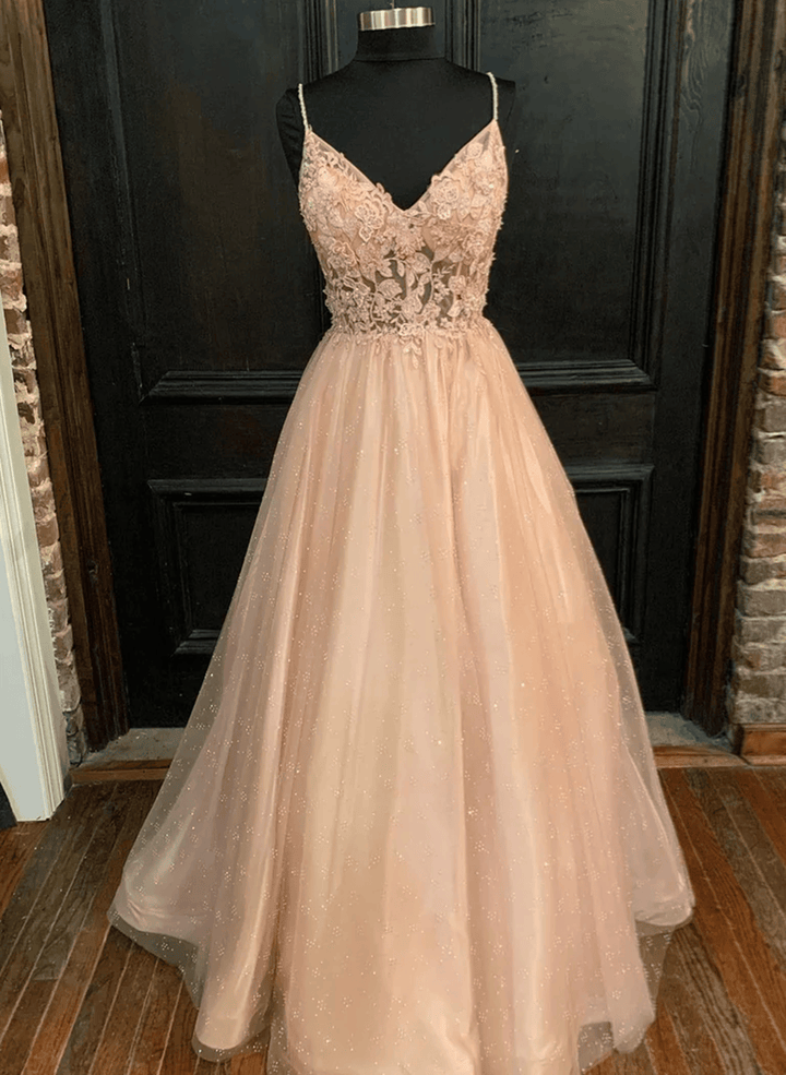 V Neck Blush Pink Tulle Straps Long Lace Prom Dress, V Neck Pink Formal Dress