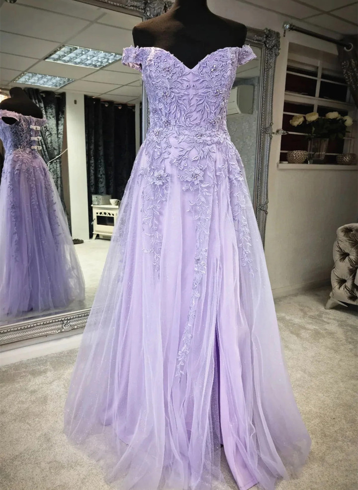 Off the Shoulder Purple Lace Prom Dress, Purple Long Lace Formal Evening Dress