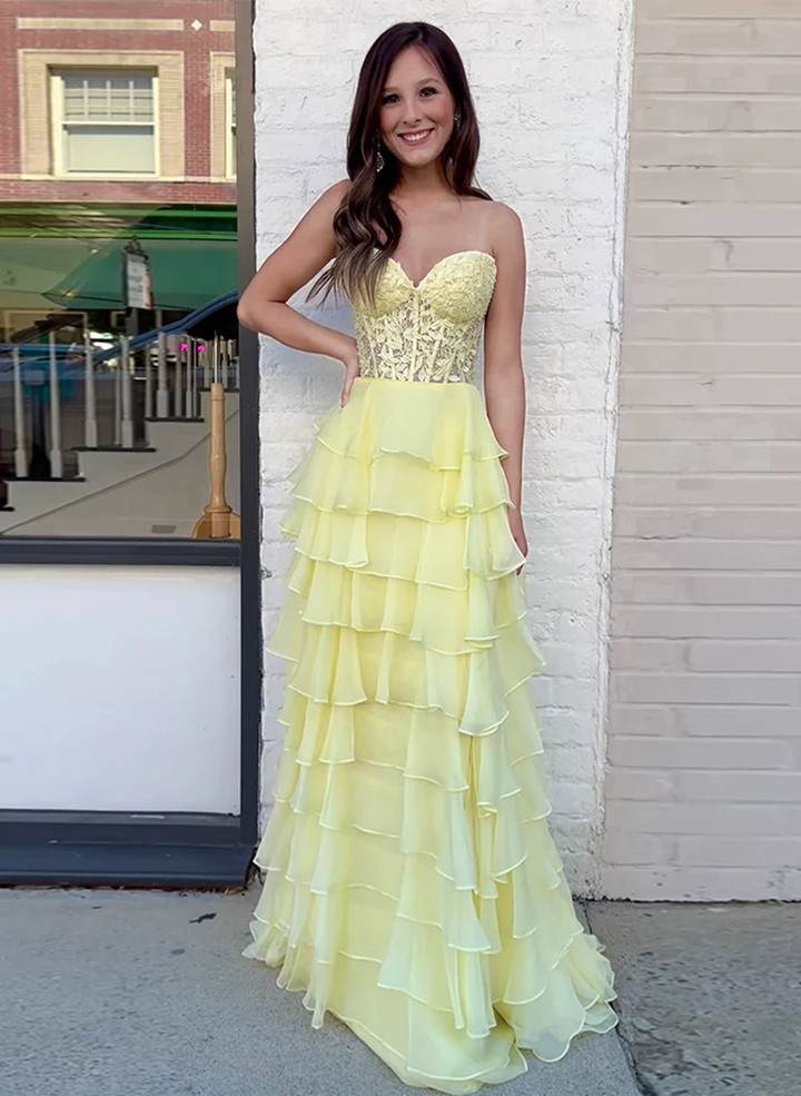 A-line Yellow Sweetheart Chiffon Lace Long Prom Dress, Yellow Evening Dress