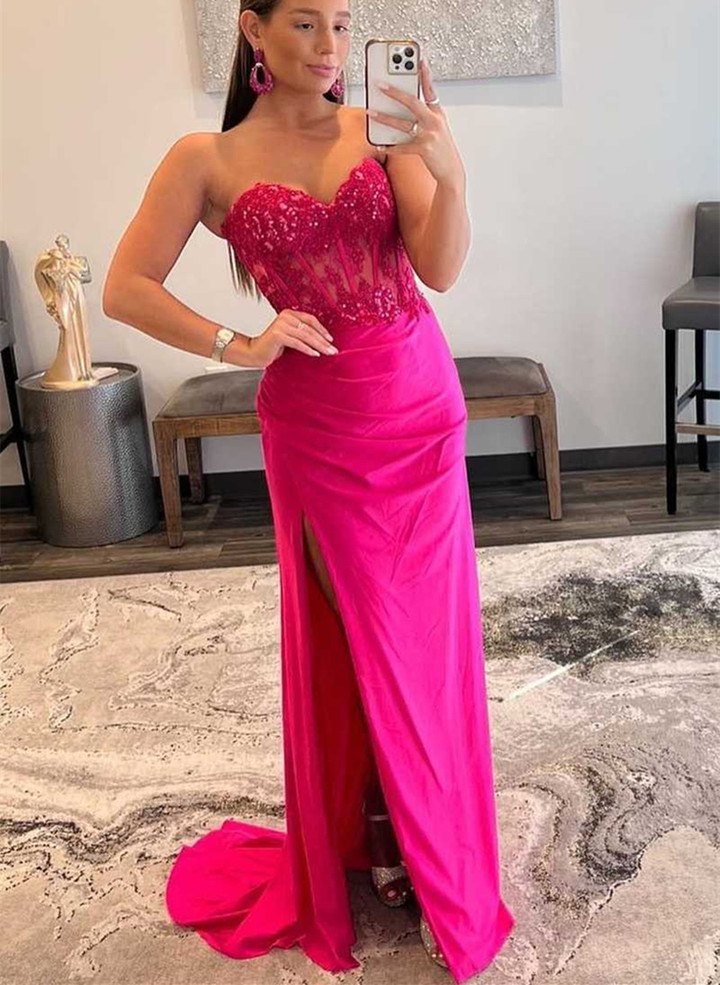 Hot Pink Sweetheart Corset Lace Long Prom Dress with Slit, Pink Formal Dress