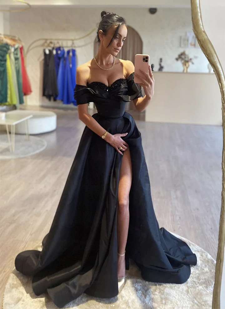 Black Off Shoulder Satin Long Prom Dress, Sweetheart Long Formal Dress