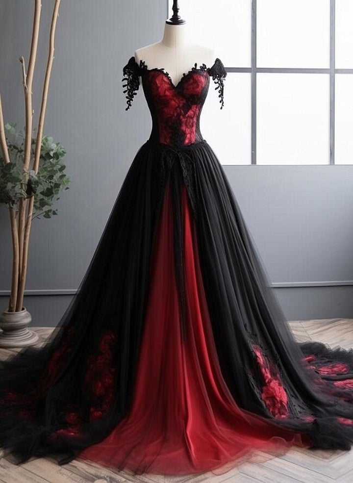 Black and Red Tulle Long Prom Dress, Black and Red Formal Gown