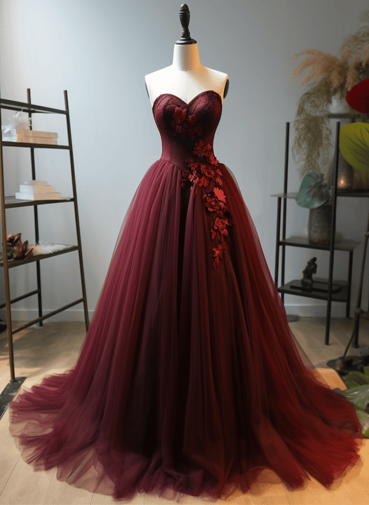Wine Red Tulle Sweetheart Long Formal Dres, Wine Red Evening Dress