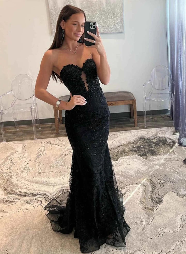 Black Tulle with Lace Mermaid Sweetheart Prom Dress, Black Long Evening Dress
