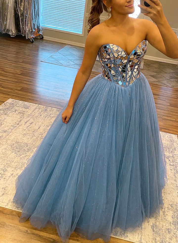 A-line Princess Sweetheart Tulle Prom Dress, Blue Long Party Dress