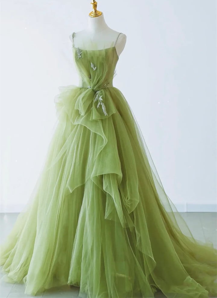 A-line Green Tulle Beaded Long Party Dress, Green Tulle Prom Dress