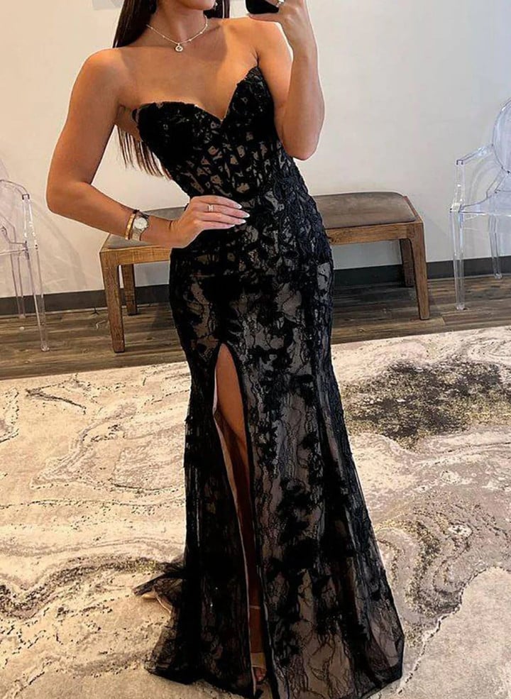 Black Mermaid Sweetheart Tulle and Lace Party Dress, Black Long Formal Dress