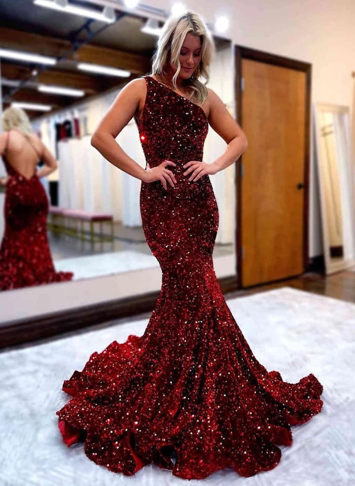 Wine Red Sequins One Shoulder Mermaid Long Prom Dresses, Wine Red Evening Dress