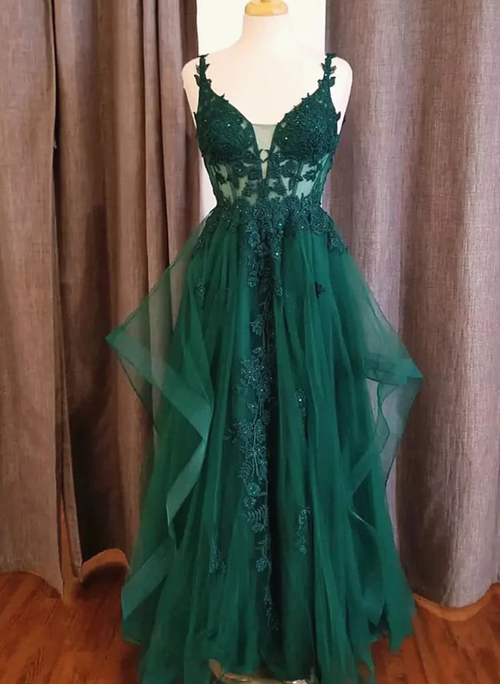 Dark Green Tulle V-neckline Straps with Lace Party Dress, Dark Green Prom Dress
