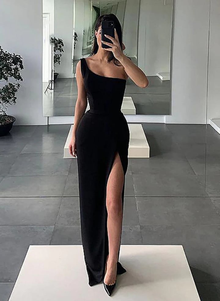 Black One Shoulder Long Prom Dress, Black Evening Dress with Leg Slit