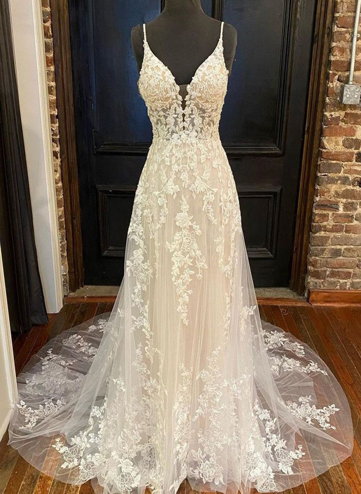 A-line Lace Ivory V-neck Tulle Long Wedding Dress, Ivory Lace Party Dress