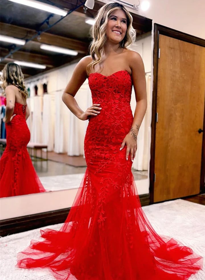 Beautiful Red Strapless Lace Long Prom Dress, Mermaid Evening Party Dress