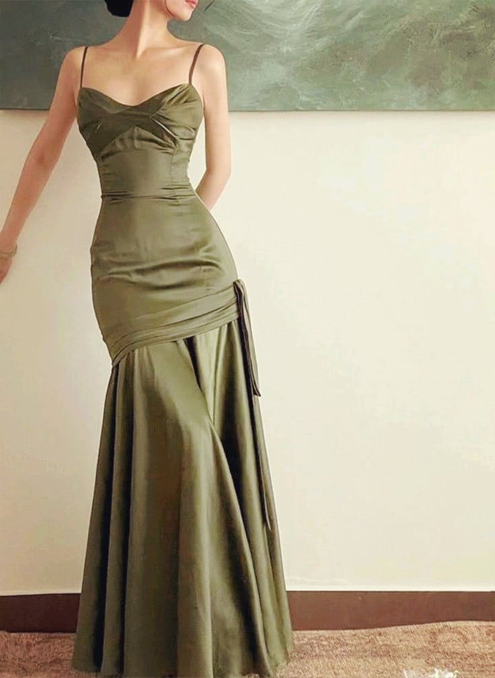 Green Satin Sweetheart Straps Long Party Dress, Green Satin Prom Dress