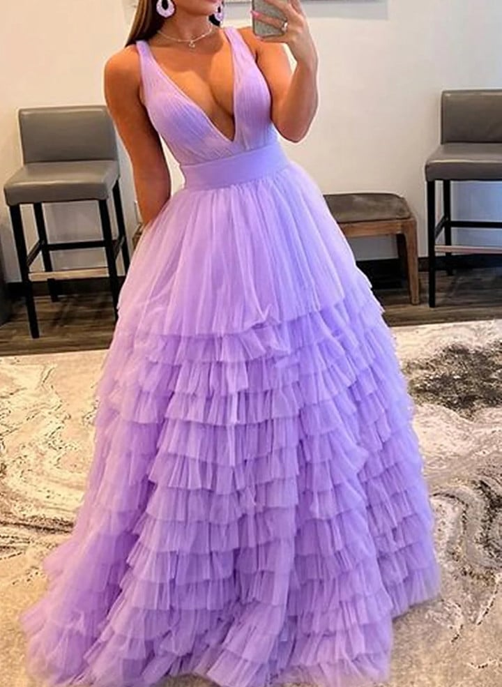 Light Purple V Neckline Tulle Layers Long Party Dress, Purple Prom Dress