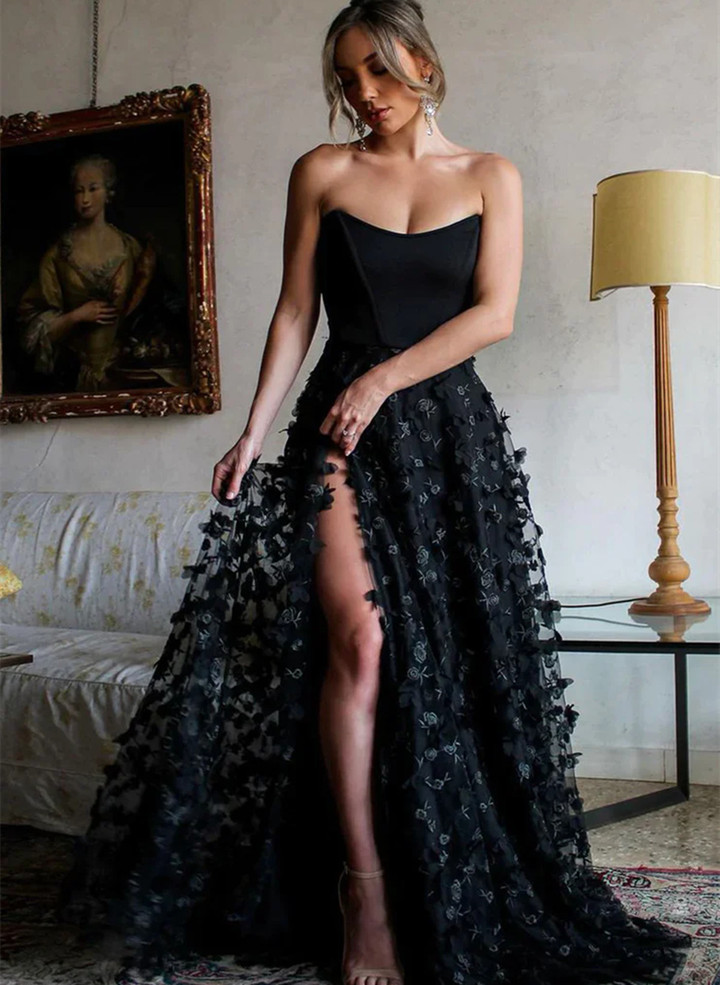 Black Strapless A Line Lace Prom Dresses with Slit, Black Party Dress