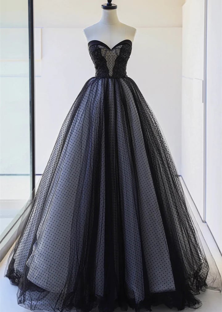 Lovely Black Strapless Tulle Lace Long Prom Dress, A-Line Sweetheart Neck Evening Party Dress