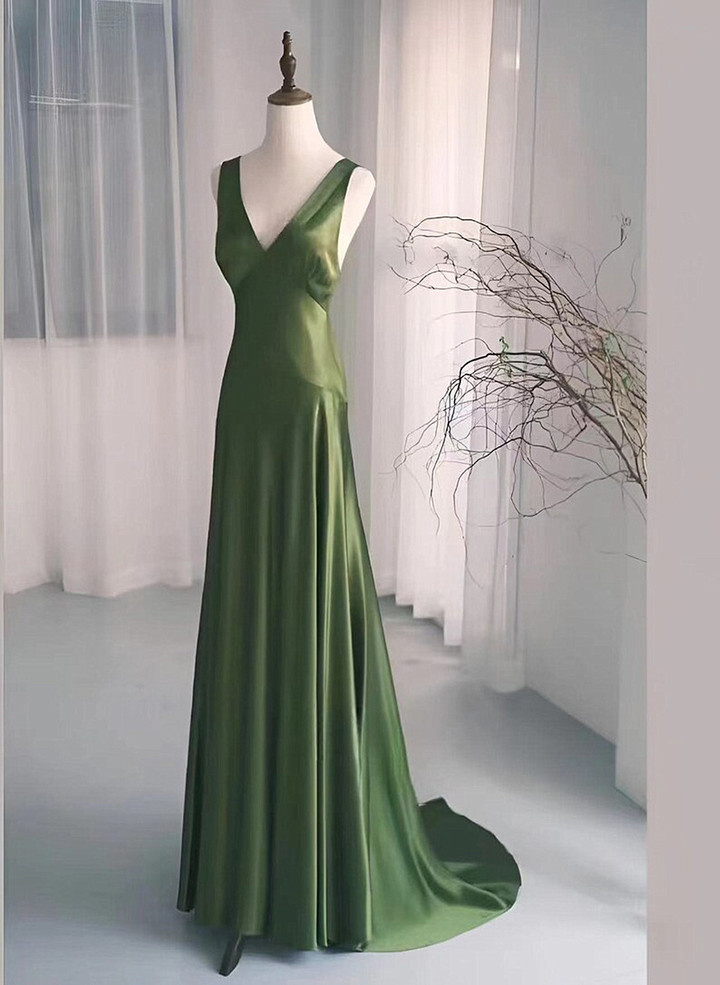 Green Satin V-Neckline Low Back Prom Dress, Green Evening Dress Formal Dress