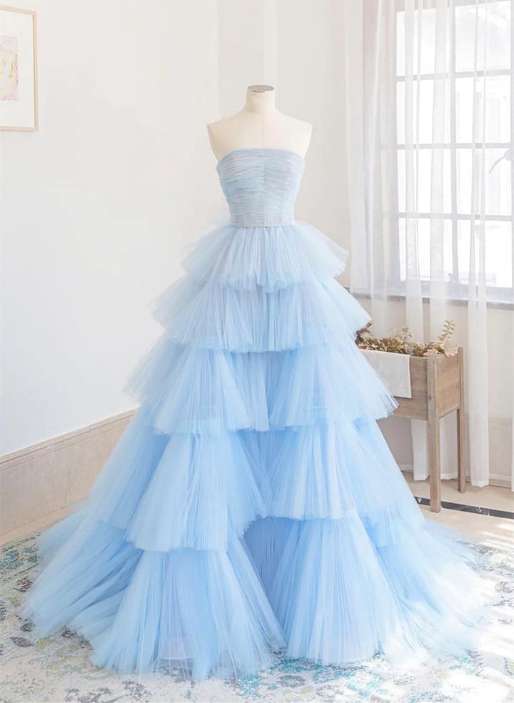 Beautiful Blue Layers Tulle Long Prom Dresses, A-Line Strapless Evening Dresses