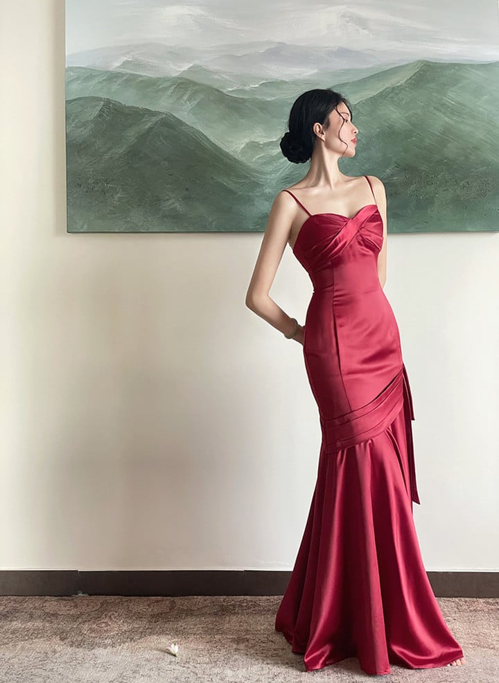 Wine Red Satin Straps Long Evening Dress Prom Dress, Wine Red Party Dress