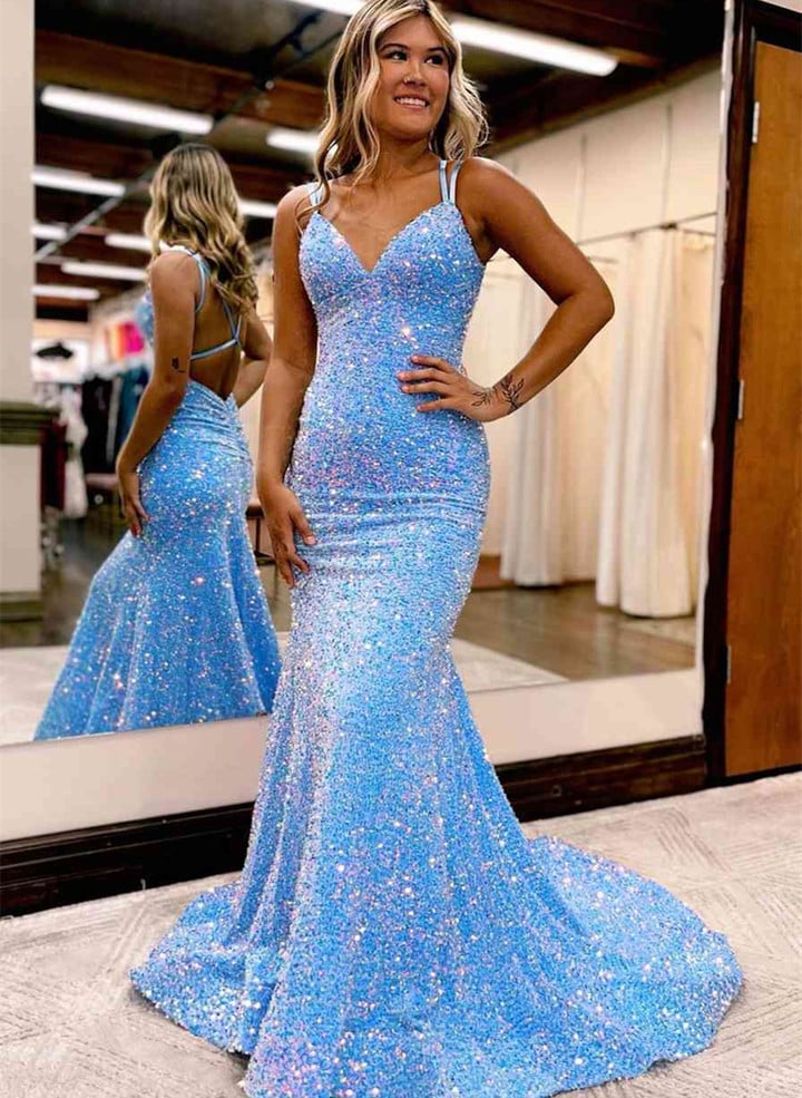 Blue Sequins Mermaid Straps Long Party Dress, Blue Sequins Prom Dress