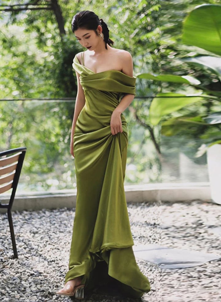 Green Soft Satin Long Party Dress, Green Satin Evening Dress Prom Dress