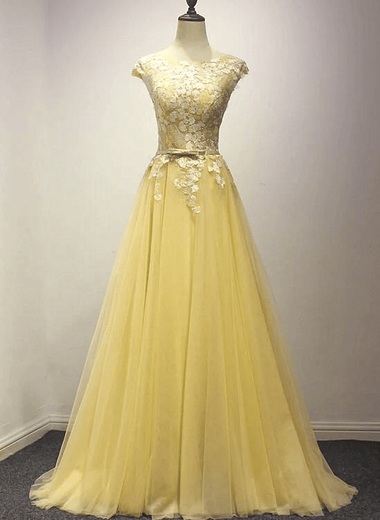 Beautiful Yellow Long Prom Dress, A-line Round Neckline Formal Dress