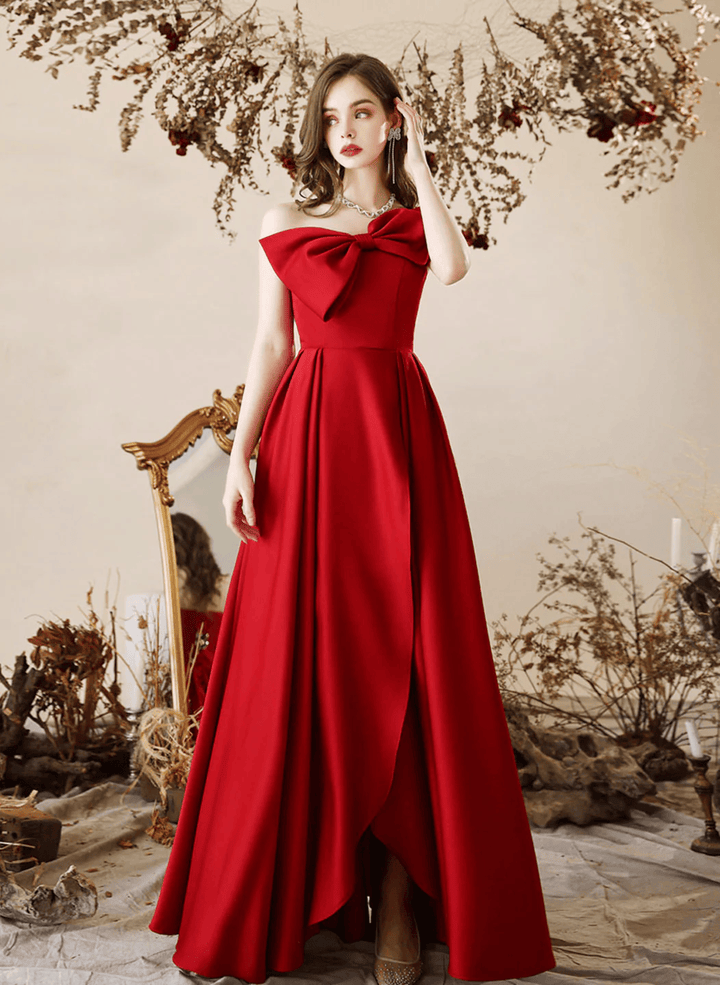Red Satin Long Party Dress with Leg Slit, Red Satin Prom Dress Formal Dress
