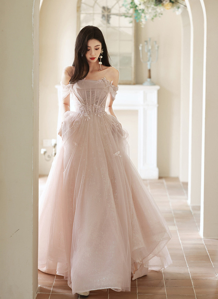 Pink Off Shoulder Tulle Long Formal Dress, Off Shoulder Pink Long Prom Dress
