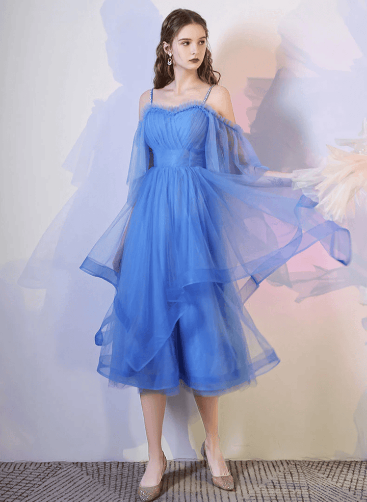 Blue Tulle Straps Beaded Layers Tea Length Party Dress, Blue Homecoming Dress