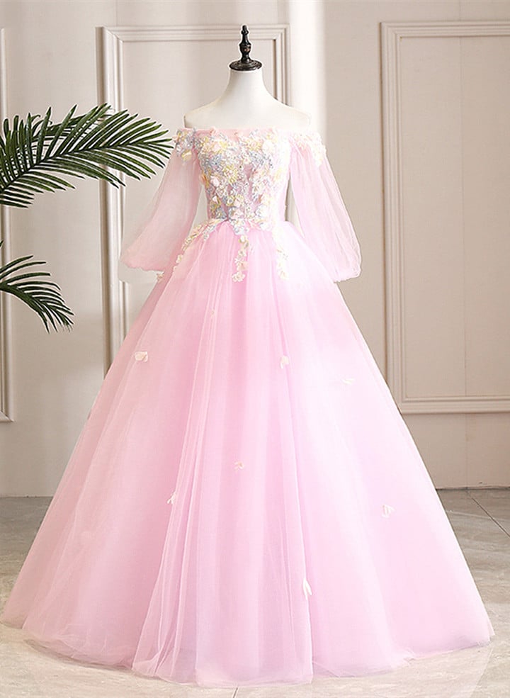 Cute Pink Ball Gown Sweet 16 Dress with Flowers, Pink Tulle Long Formal Dress