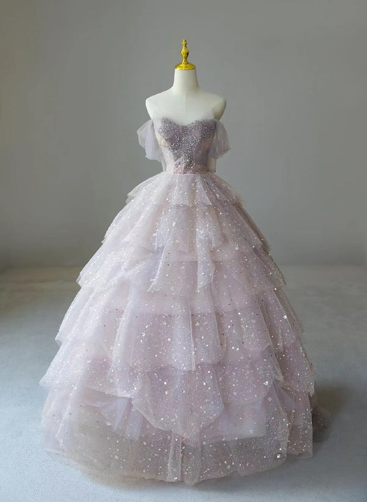 Pink Tulle Ball Gown Layers Long Party Dress, Pink Shiny Tulle Sweet 16 Dress