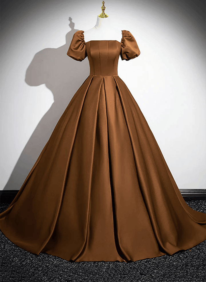 Brown Satin A-line Short Sleeves Party Dress, Simple Satin Prom Dress Evening Dress