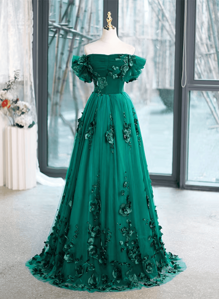 Beautiful Green Off Shoulder Party Dress with Flowers, Green Sweet 16 Dress